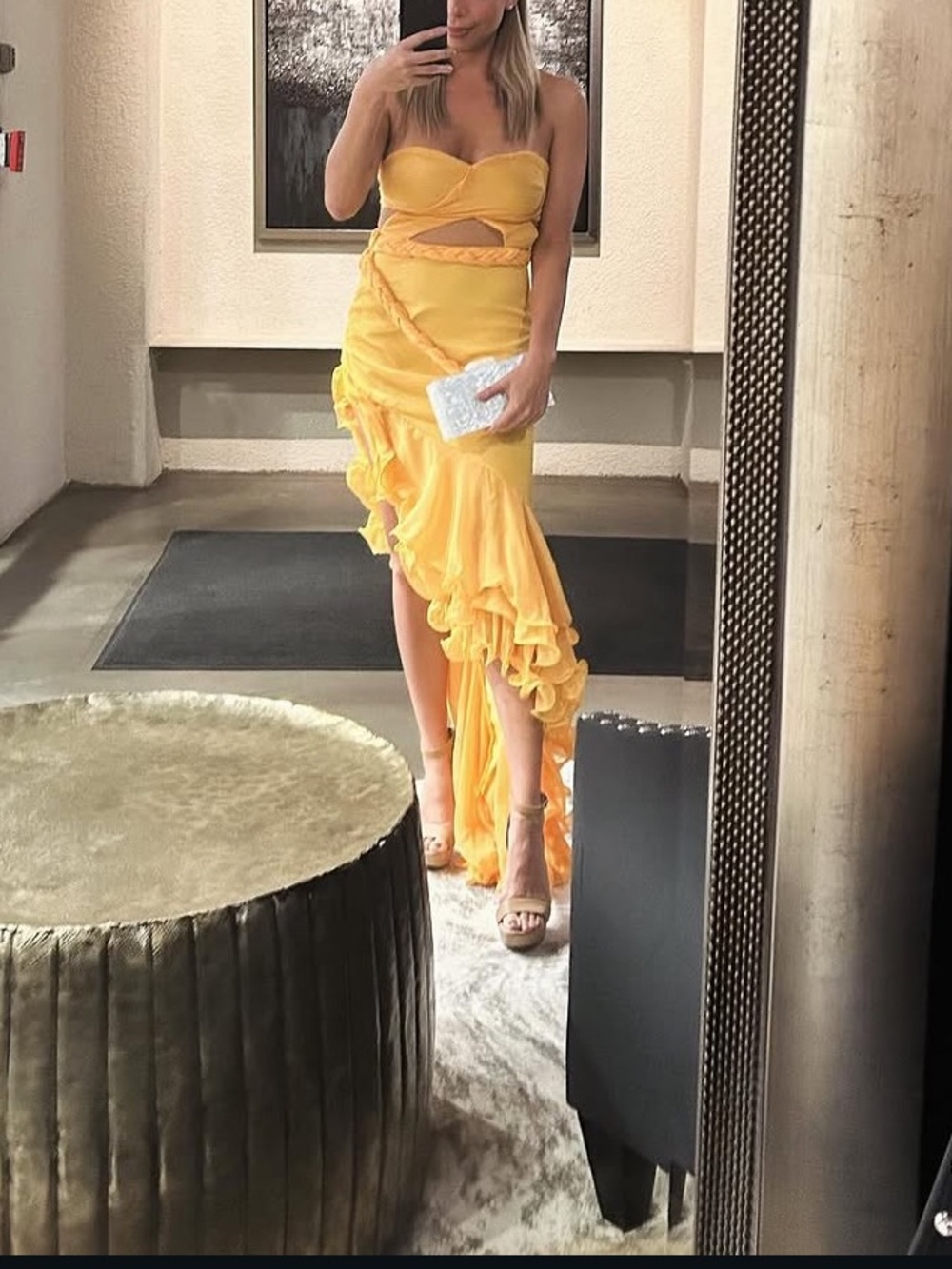 Mew Mews Copy Cat of Bronx and Banco Asymmetrical Ruffle Dress Yellow